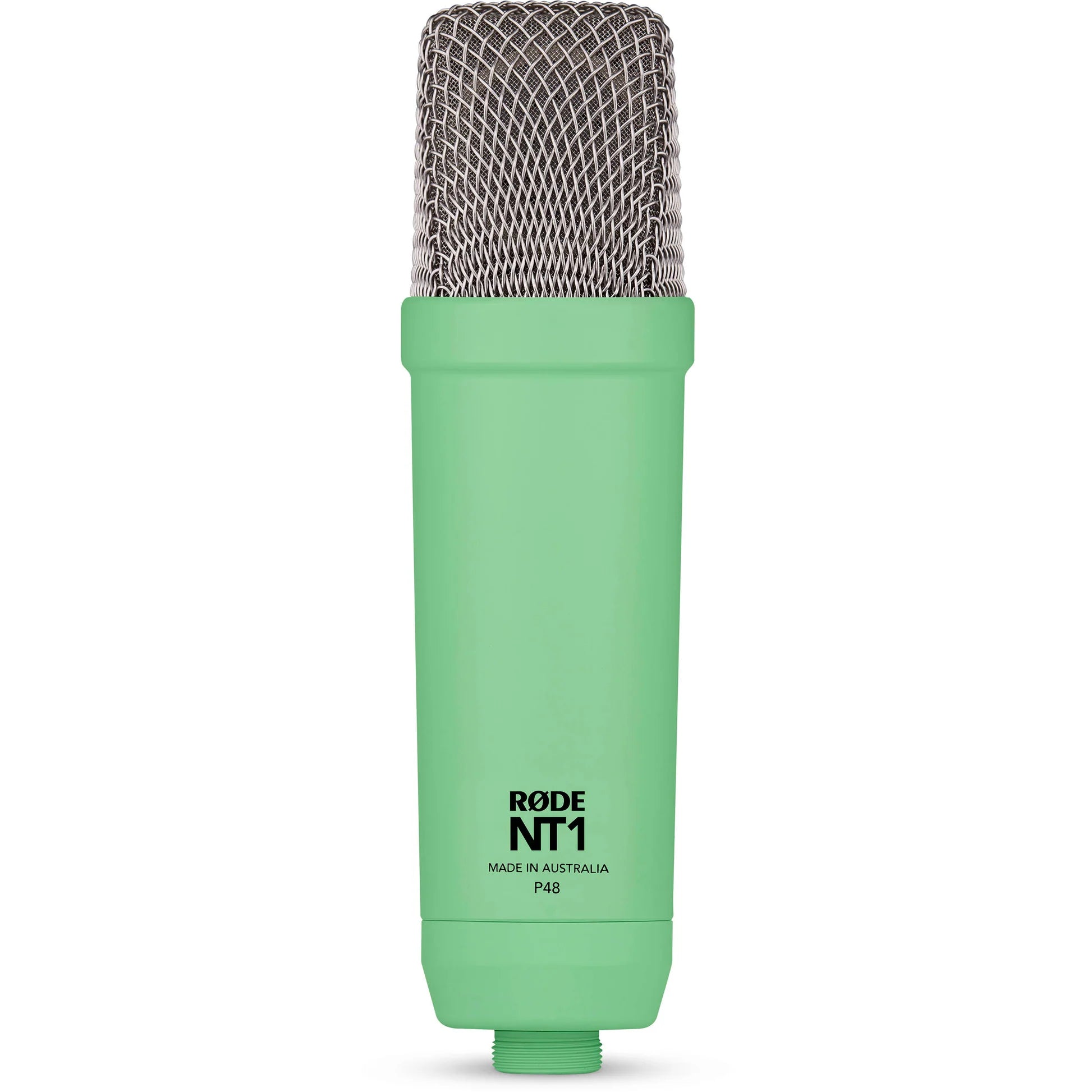 Rode NT1 Signature Series condenser microphone mounted on a stand, showcasing its sleek design and professional audio equipment.
