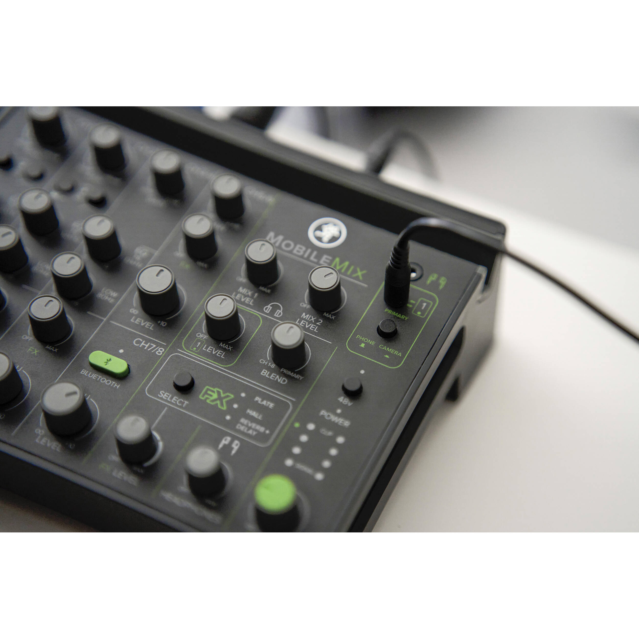 Mackie MobileMix video streaming mixer with multiple input channels and control knobs for professional audio management.