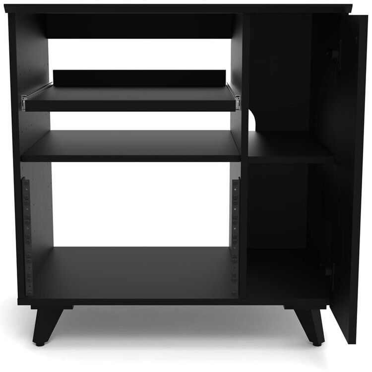 Glorious Modular Side Rack for DJ tables and furniture, showing a sleek, black metal design with multiple compartments for equipment storage.