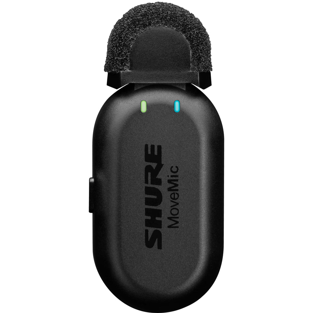 Shure MoveMic One creator wireless microphone system with compact transmitter and receiver for high-quality audio recording.