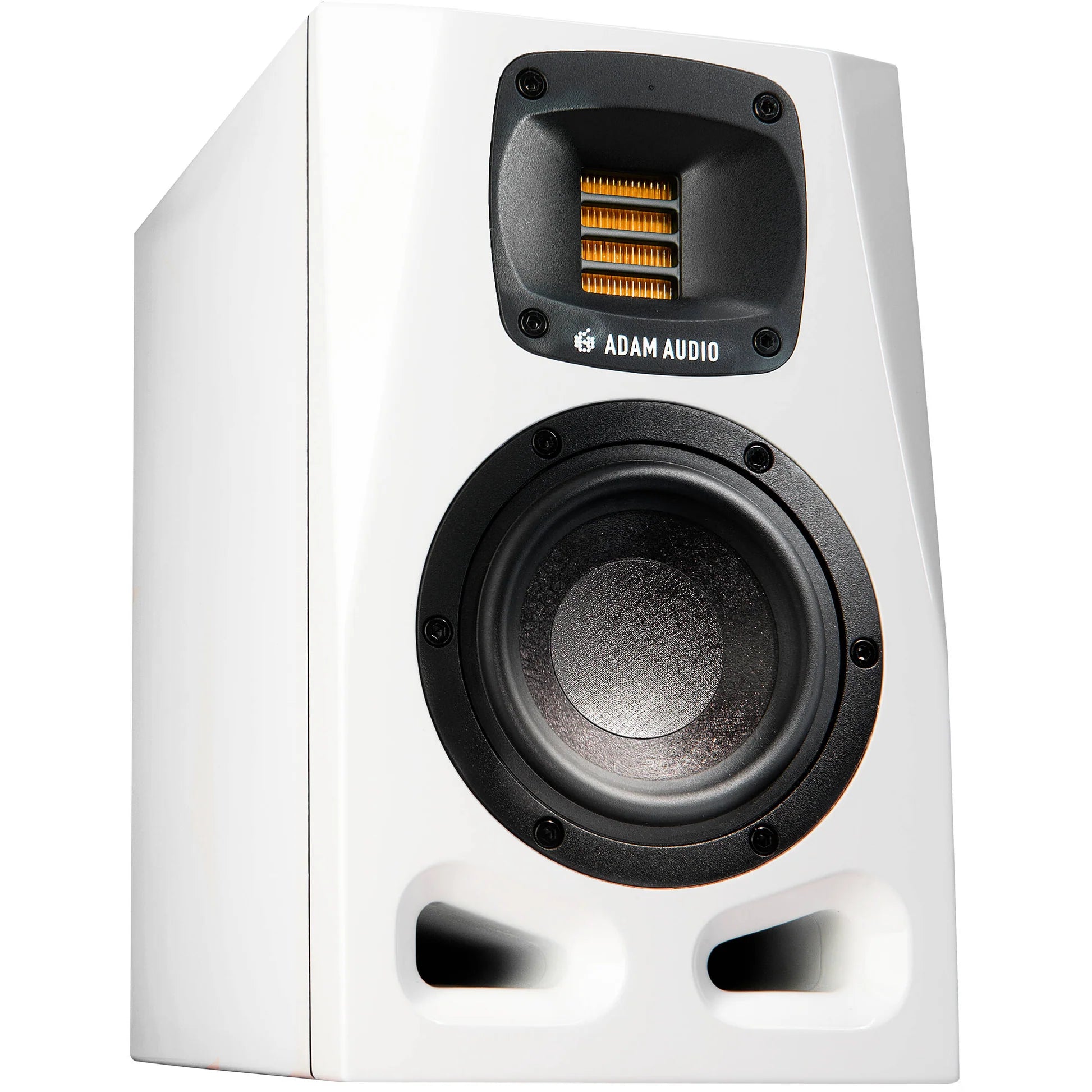 Adam Audio A4V active nearfield monitors shown with sleek black finish and compact design for studio audio monitoring.