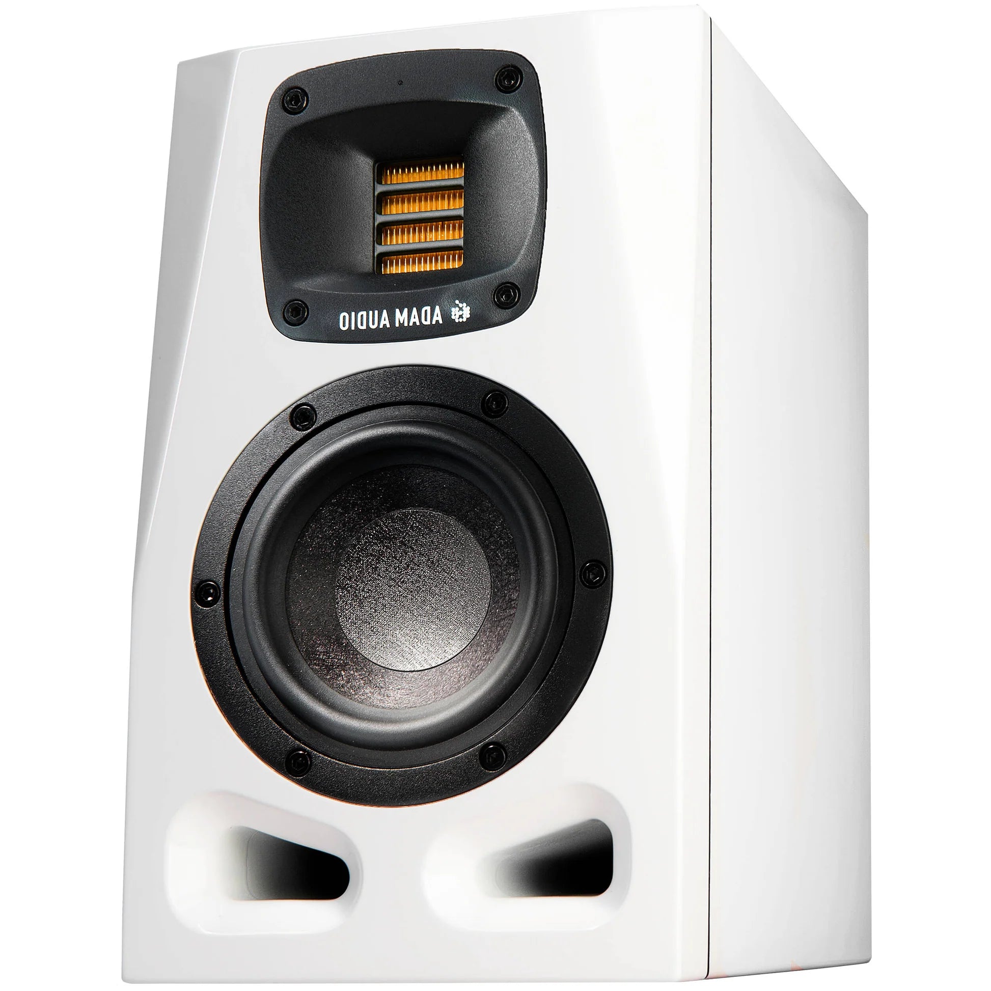 Adam Audio A4V active nearfield monitors shown with sleek black speaker cabinets and detailed front panels.