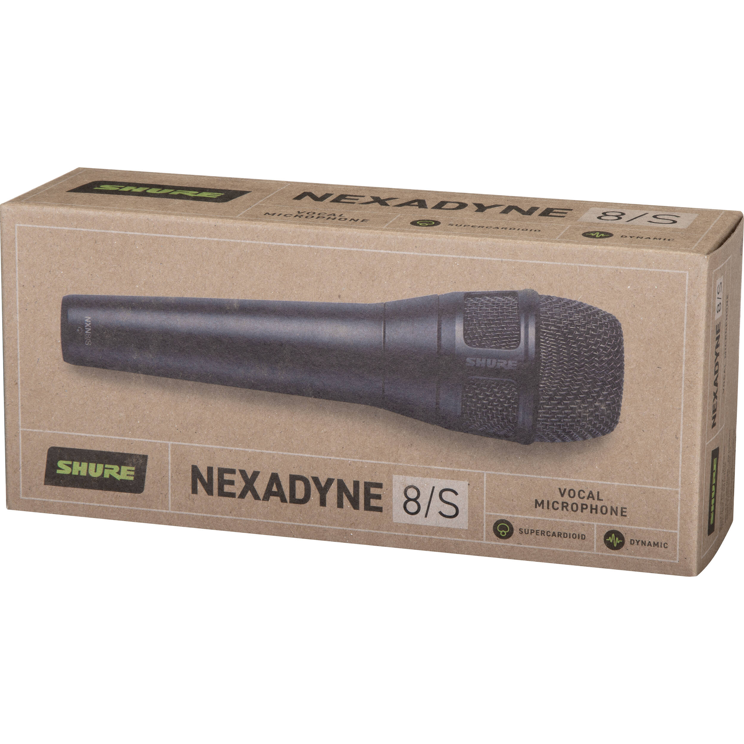 Shure Nexadyne 8/S dynamic microphone with black grille and body, designed for professional audio applications.