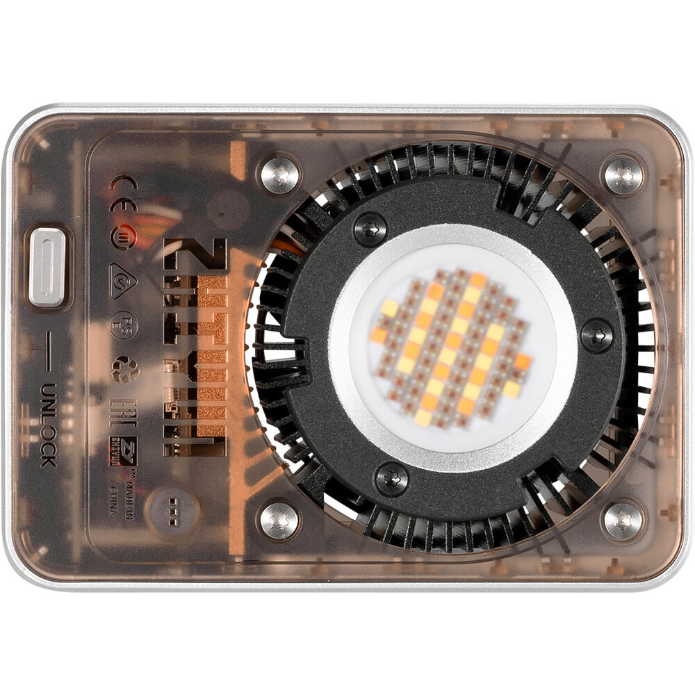 Zhiyun Molus X60 RGB LED light panel showing colorful lighting effects and control interface for professional photography and videography.