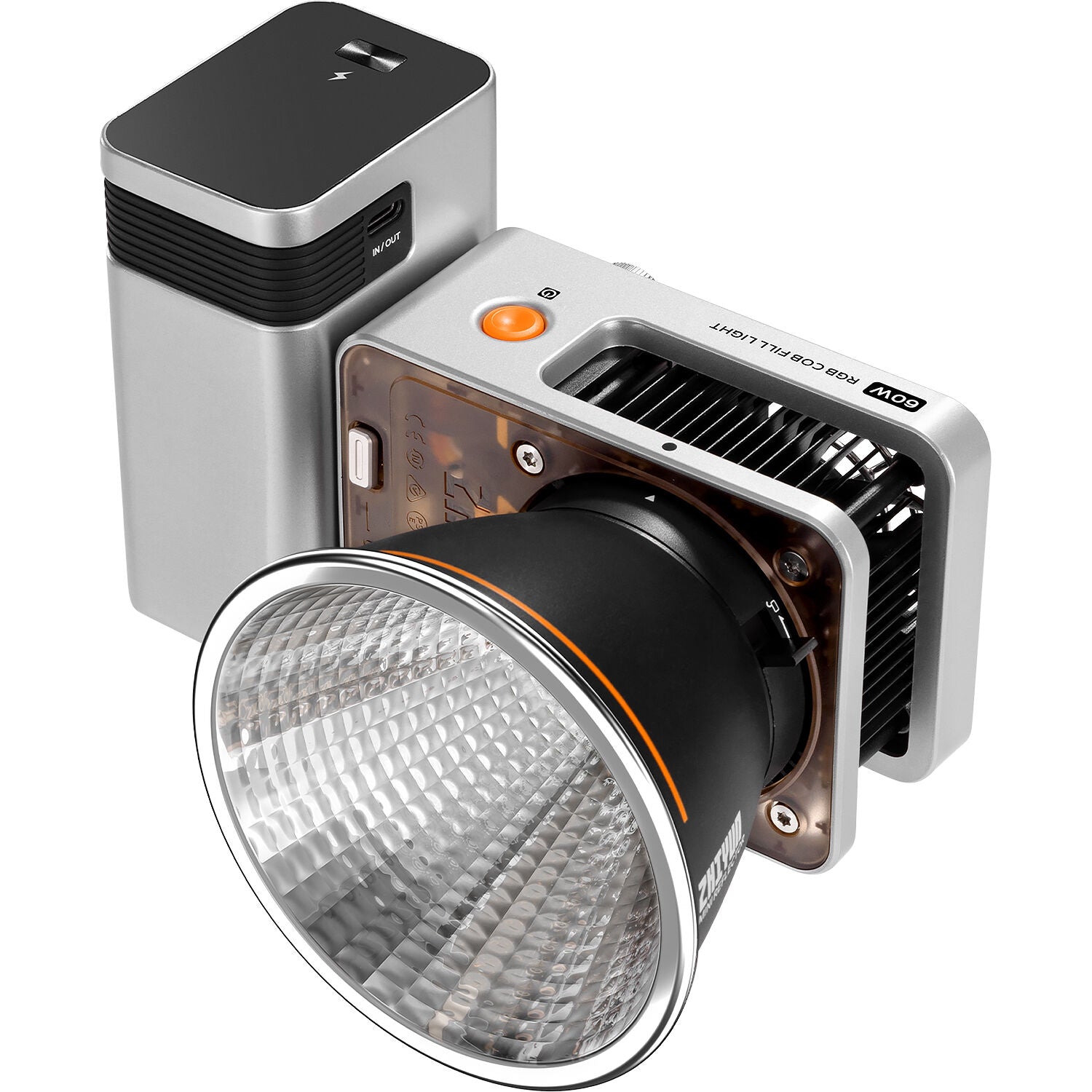 Zhiyun Molus X60 RGB Pro LED light showing adjustable color settings and bright illumination for professional photography.