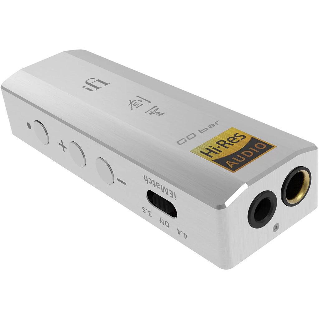 iFi Audio GO Bar Kensei portable headphone amplifier and DAC with sleek design and multiple connection ports.