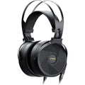 FiiO FT5 wired headphones with black earbuds and inline remote, designed for clear audio and comfortable fit.