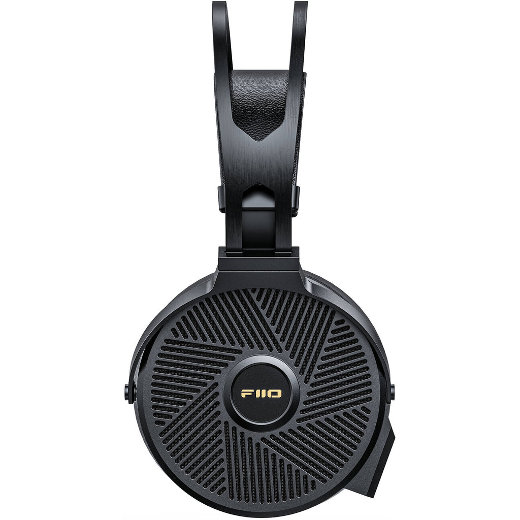 FiiO FT5 wired headphones with black ear cups and inline remote, resting on a white background.