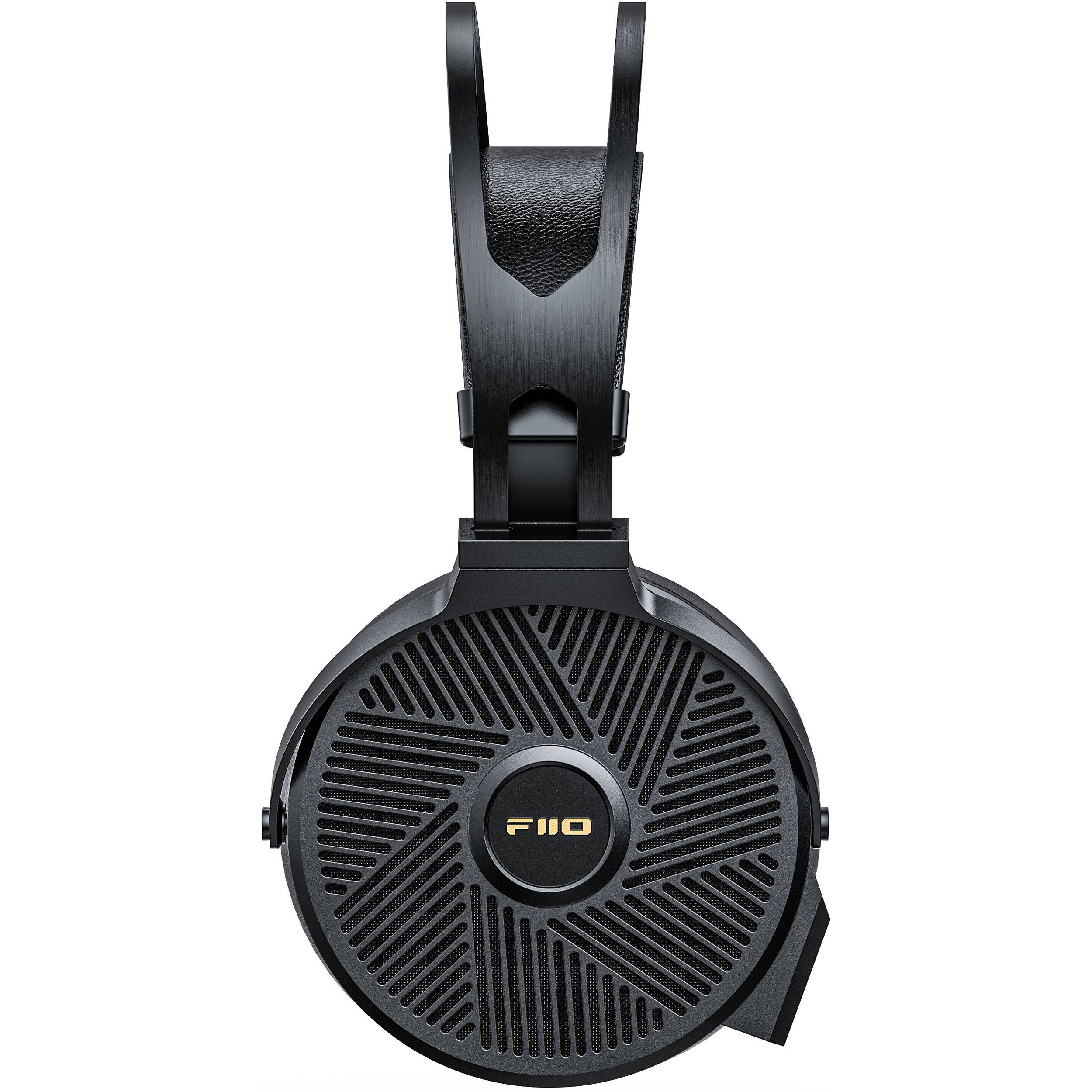 FiiO FT5 wired headphones with black ear cups and inline remote, resting on a white background.