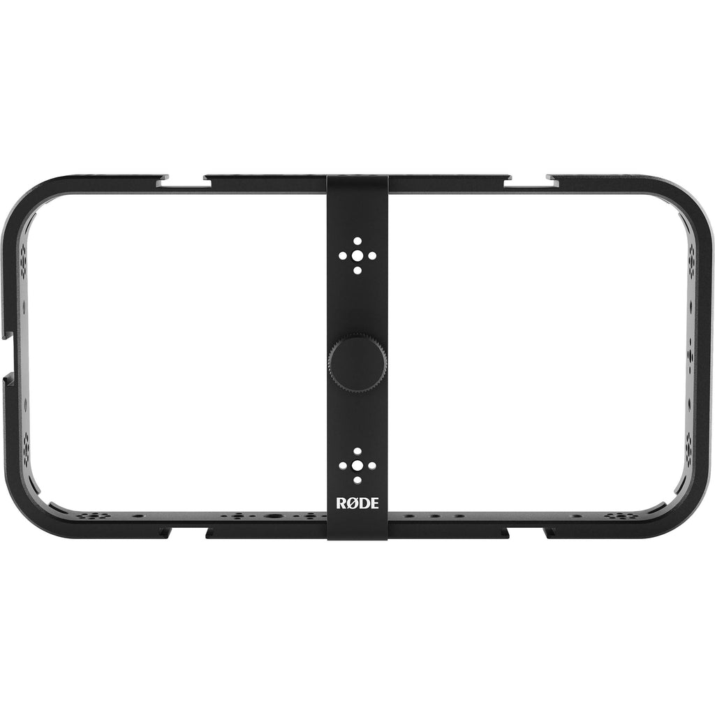 Rode Phone Cage mounted on a tripod, holding a smartphone for stable video recording or photography.
