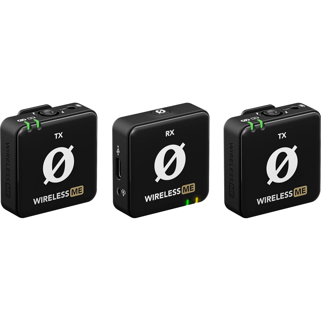 Rode Wireless ME Dual creator wireless microphone system in black with compact transmitters and receiver for high-quality audio recording.