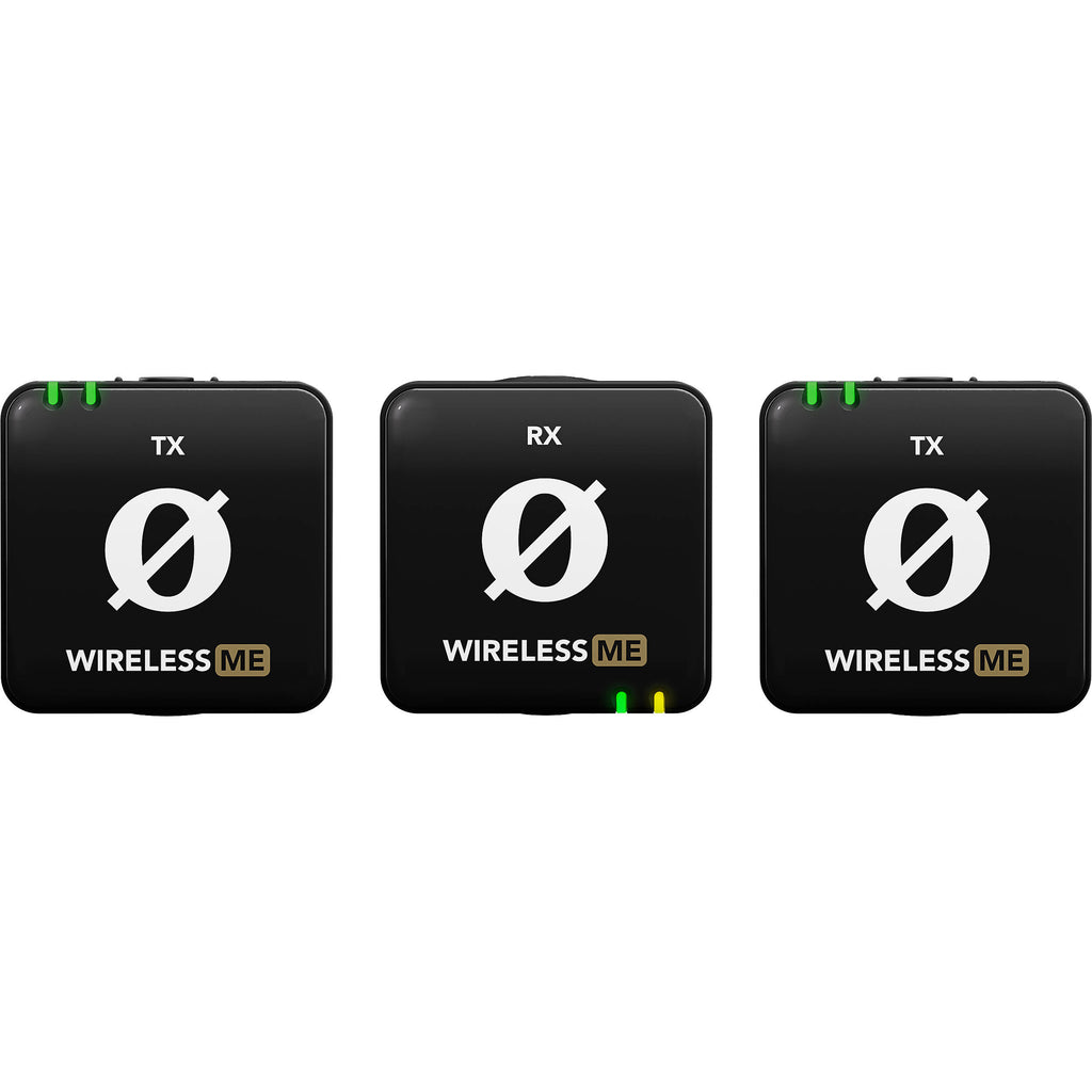 Rode Wireless ME Dual creator wireless microphone system with black transmitter and receiver, compact and portable for content creation.