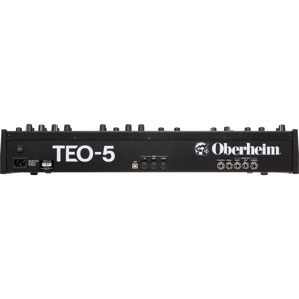 Oberheim TEO-5 synthesizer with multiple control knobs and vintage design, showcasing its keyboard and interface.