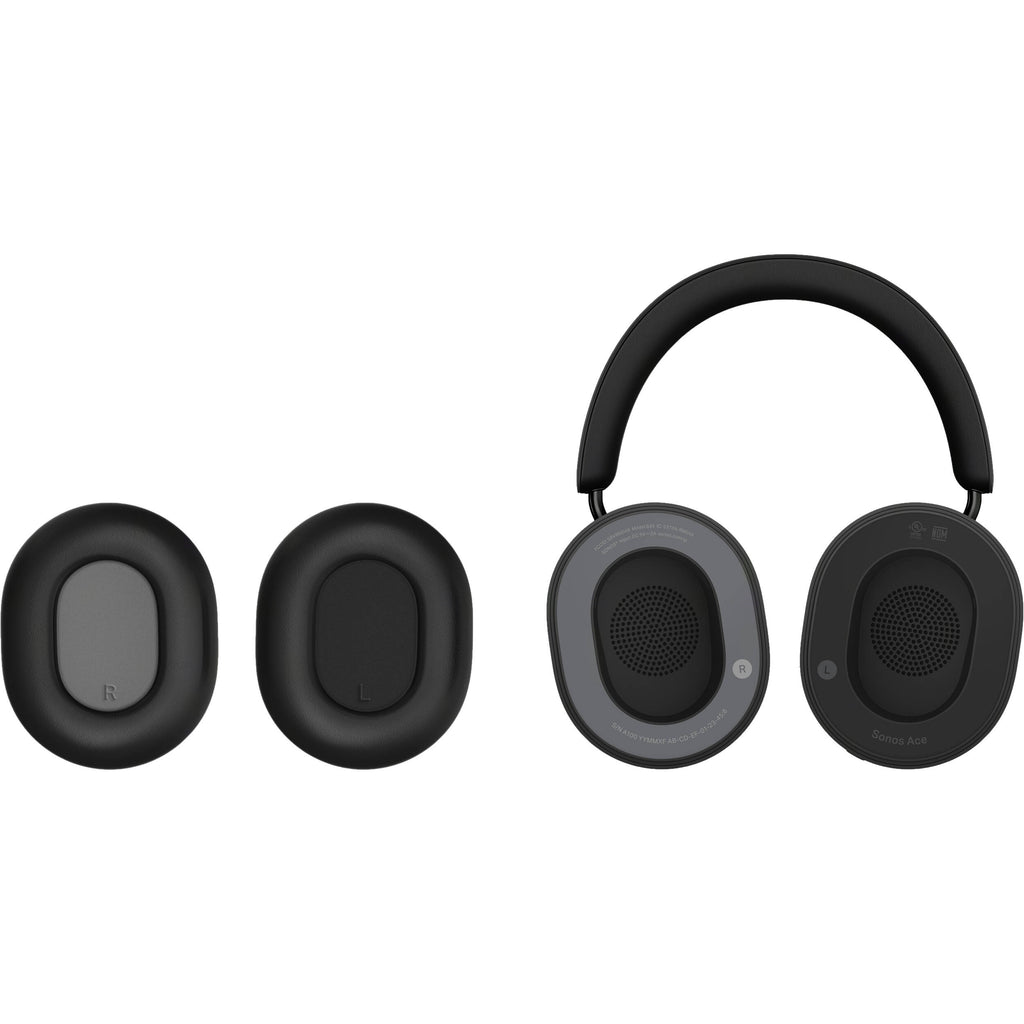 Wireless Sonos Ace headphones in black, showing over-ear design with cushioned ear cups and sleek branding.