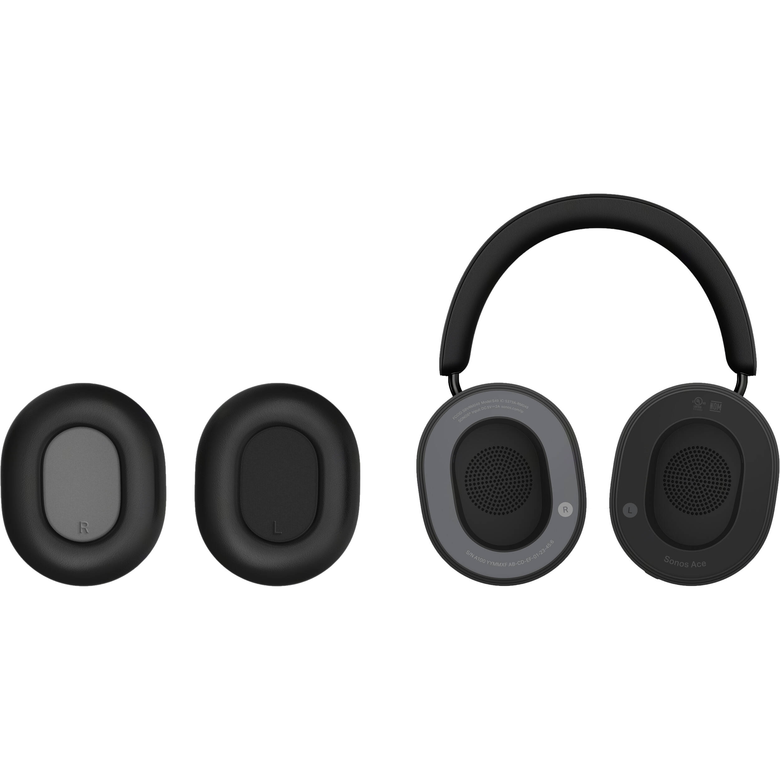 Wireless Sonos Ace headphones in black, showing over-ear design with cushioned ear cups and sleek branding.