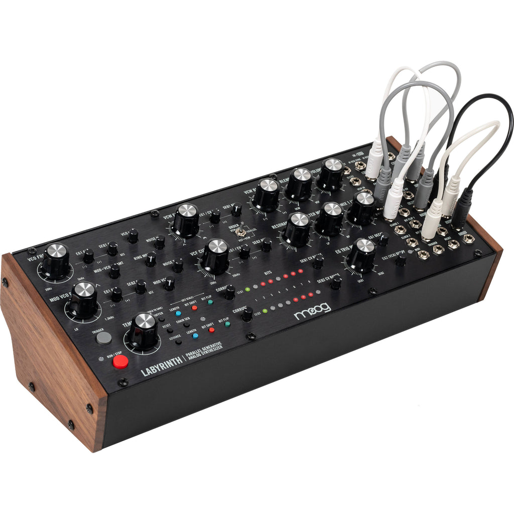 Moog Labyrinth synthesizer with modular knobs and patch cables, showcasing its electronic music production interface.