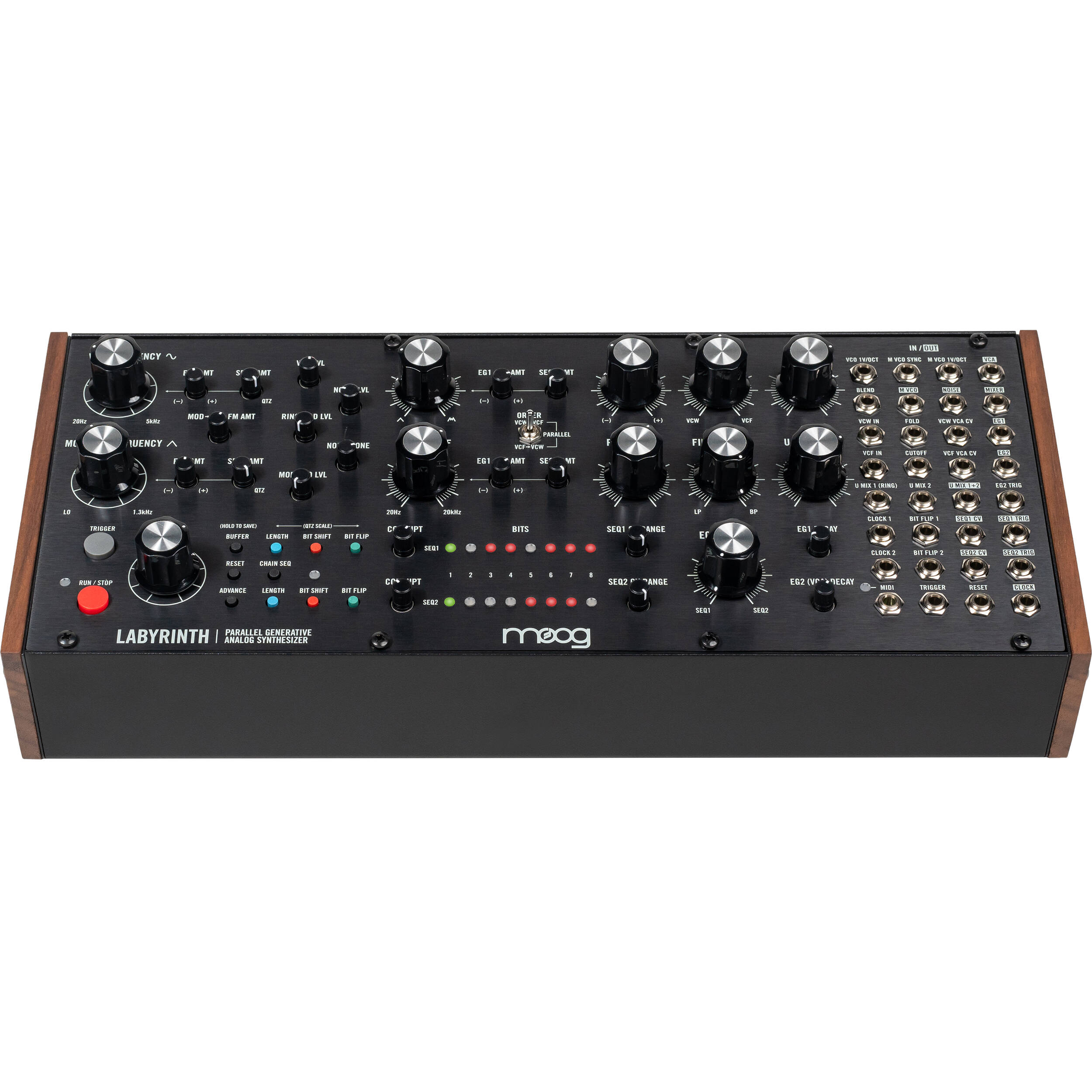 Moog Labyrinth synthesizer with knobs, patch cables, and control panel, showcasing Moog's signature analog synthesizer design.