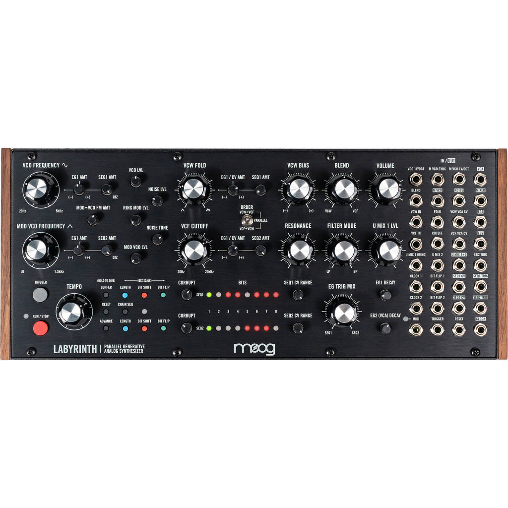 Moog Labyrinth synthesizer with knobs and patch points, featuring a sleek black design and vintage-inspired controls.