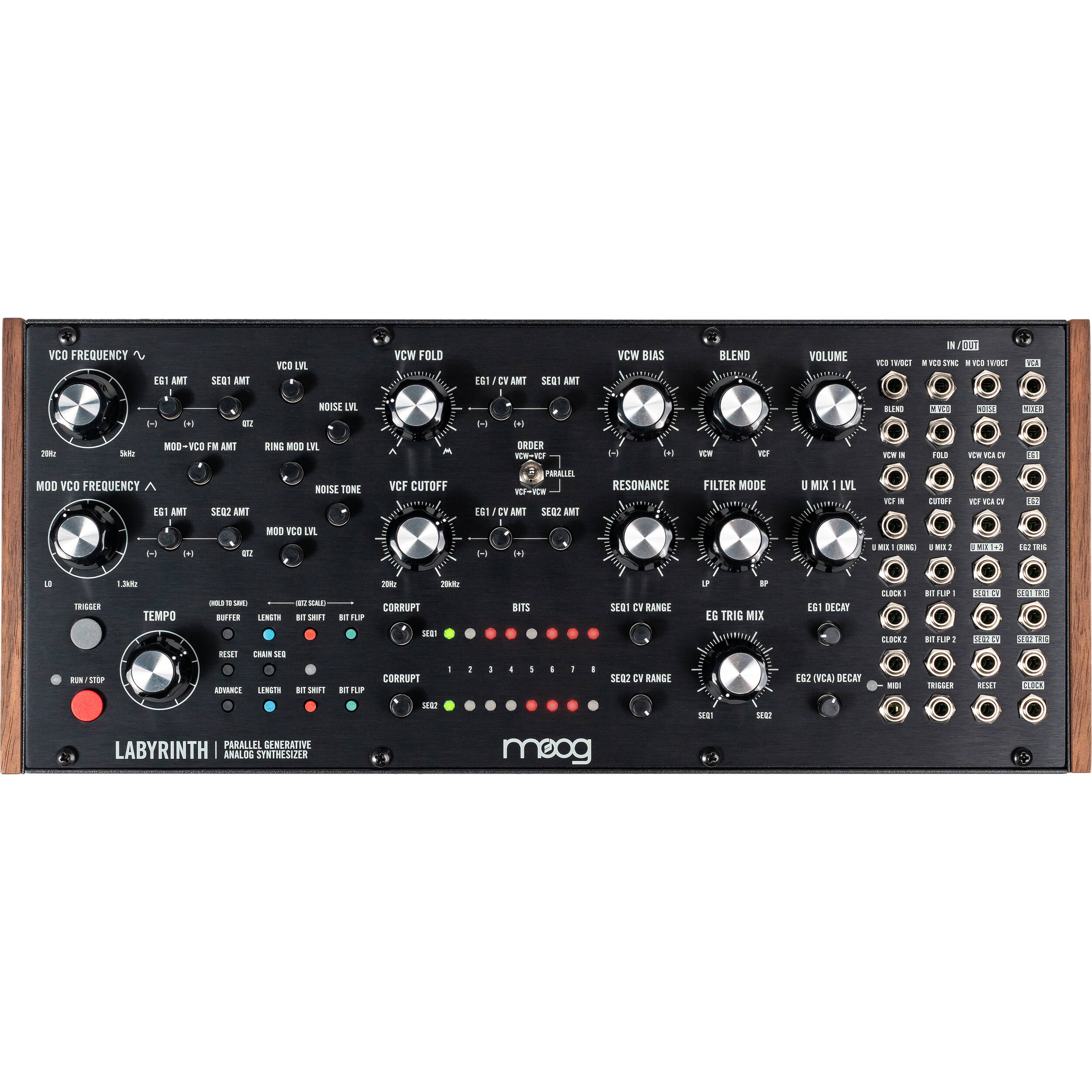 Moog Labyrinth synthesizer with knobs and patch points, featuring a sleek black design and vintage-inspired controls.