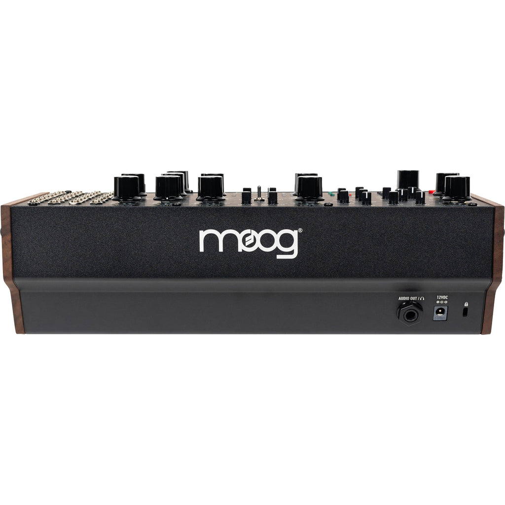 Moog Labyrinth synthesizer with multiple knobs and patch points, featuring a sleek black design and vintage-inspired control layout.