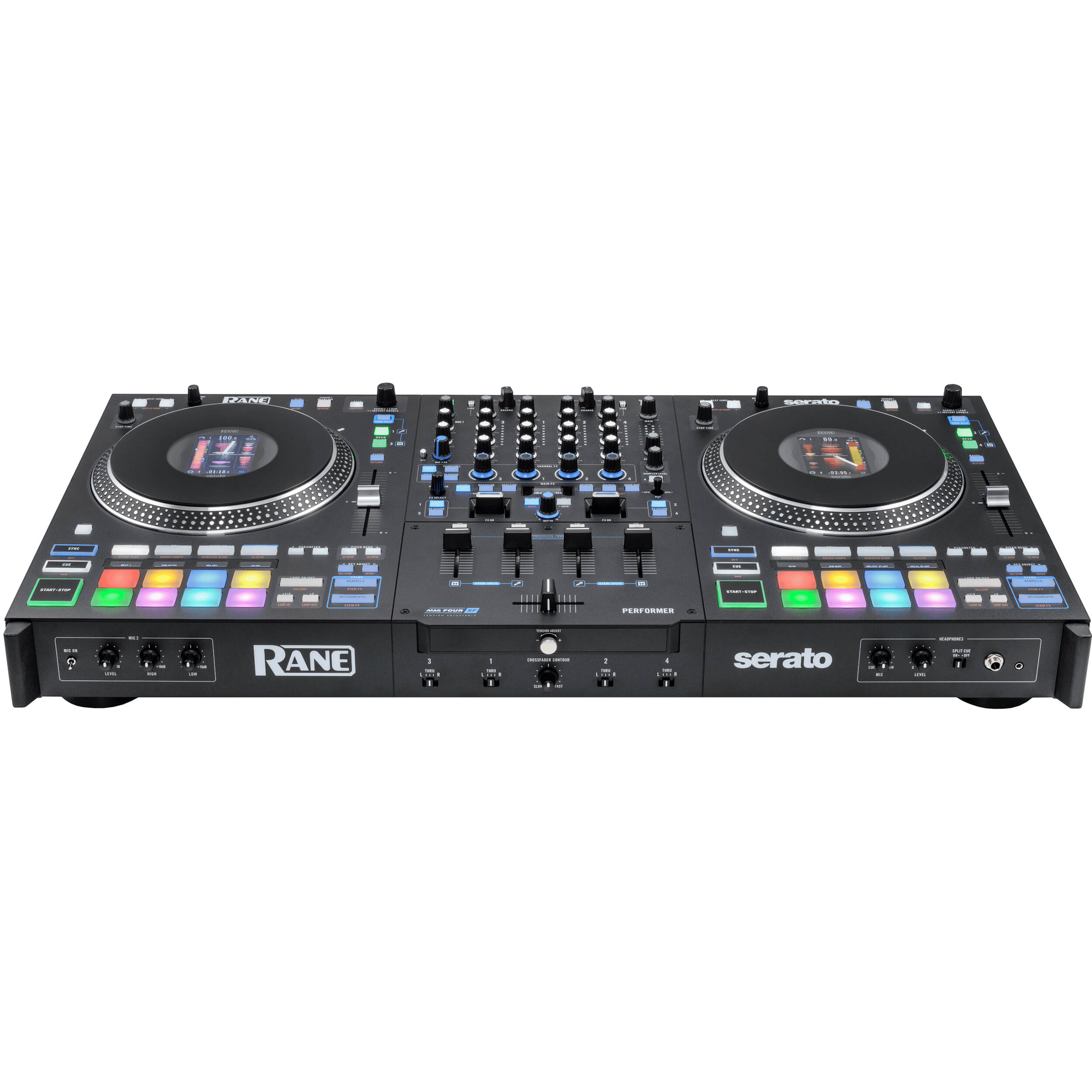 Rane Performer DJ controller with jog wheels, sliders, and buttons for professional DJ mixing and performance.