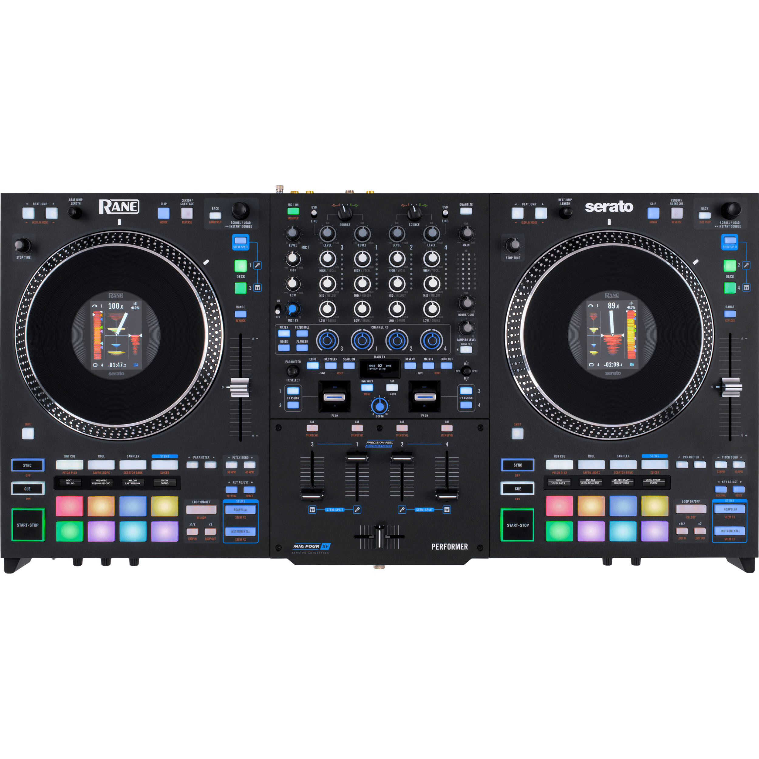 Rane Performer DJ controller with jog wheels, mixer controls, and audio interface for professional DJ performances.