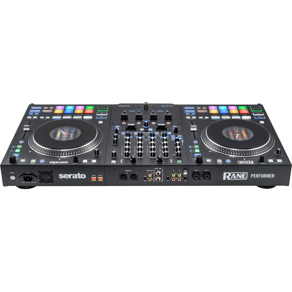 Rane Performer DJ controller with dual jog wheels, colorful interface, and professional mixing controls for DJ performances.