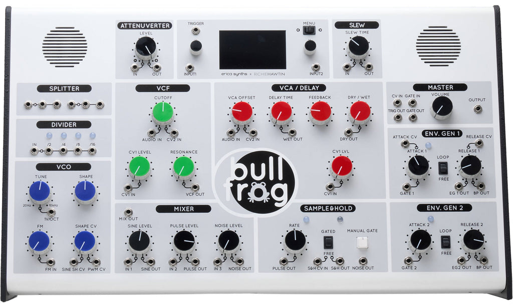 Erica Synths Bullfrog XL desktop synthesizer with knobs, patch points, and colorful controls on a black panel.