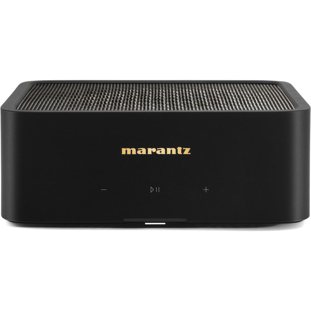 Marantz MODEL M1 music streamer device with sleek design and control buttons, used for high-quality audio streaming.