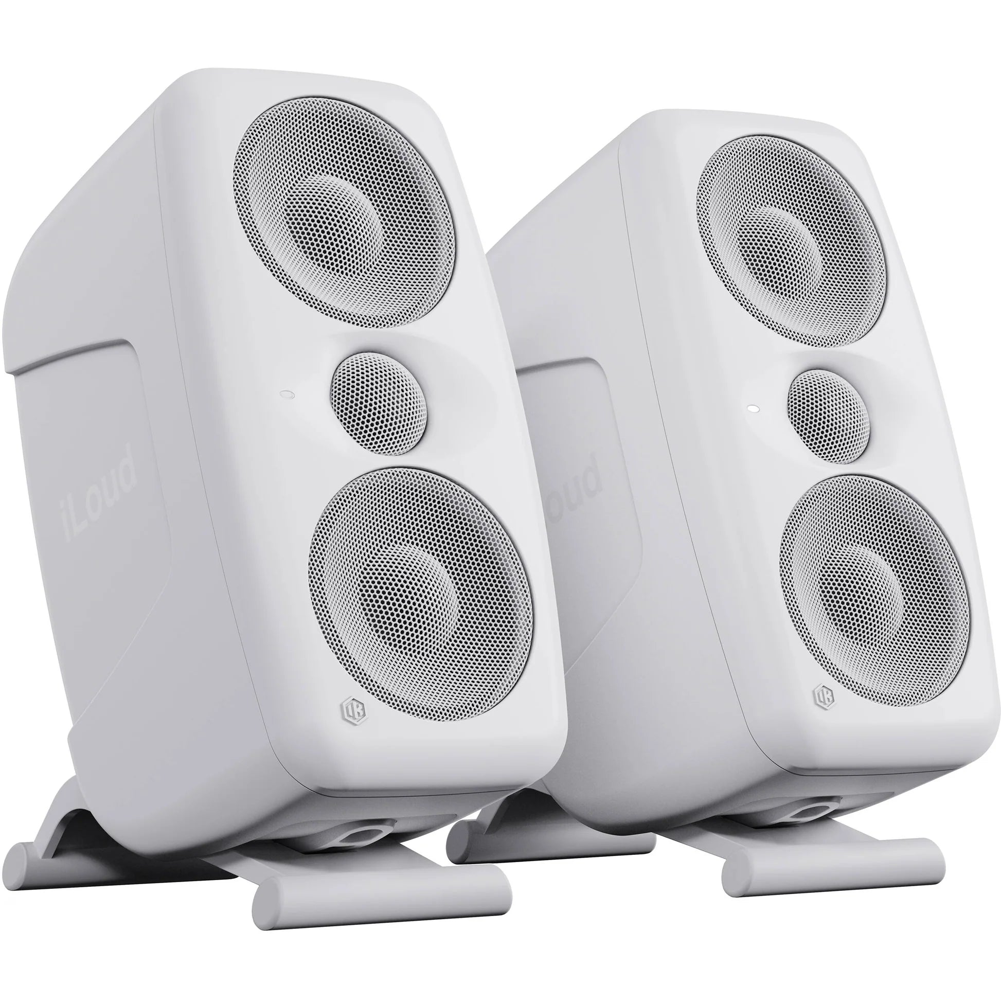 IK Multimedia iLoud MTM MK2 active nearfield monitors with black speaker enclosures and control knobs on the front panel.
