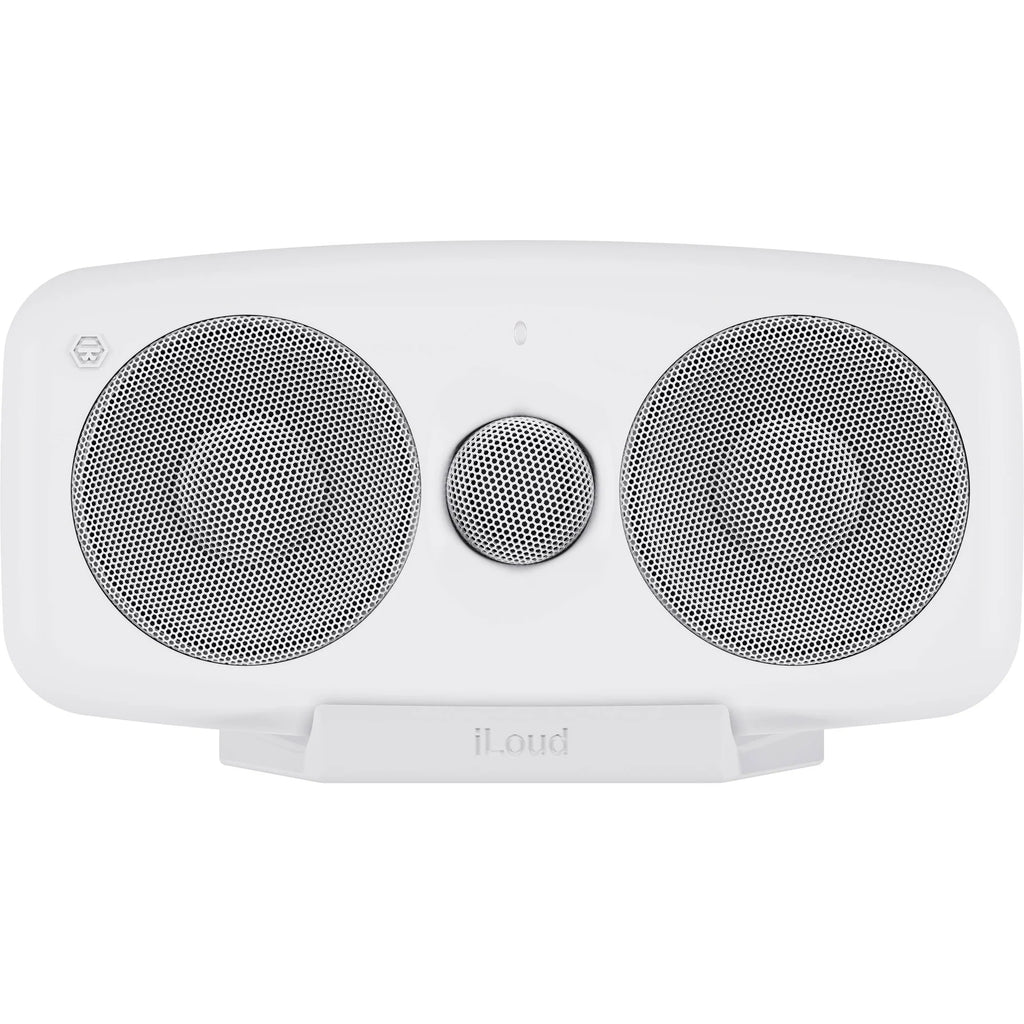 IK Multimedia iLoud MTM MK2 active nearfield monitors placed on a desk for professional audio monitoring.