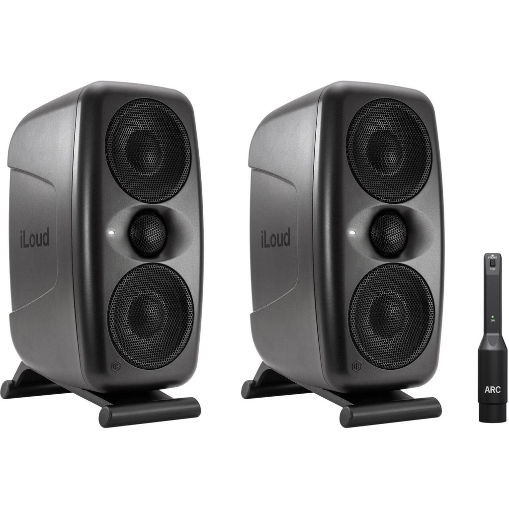 Pair of IK Multimedia iLoud MTM MK2 active nearfield monitors with sleek black finish and detailed speaker drivers.