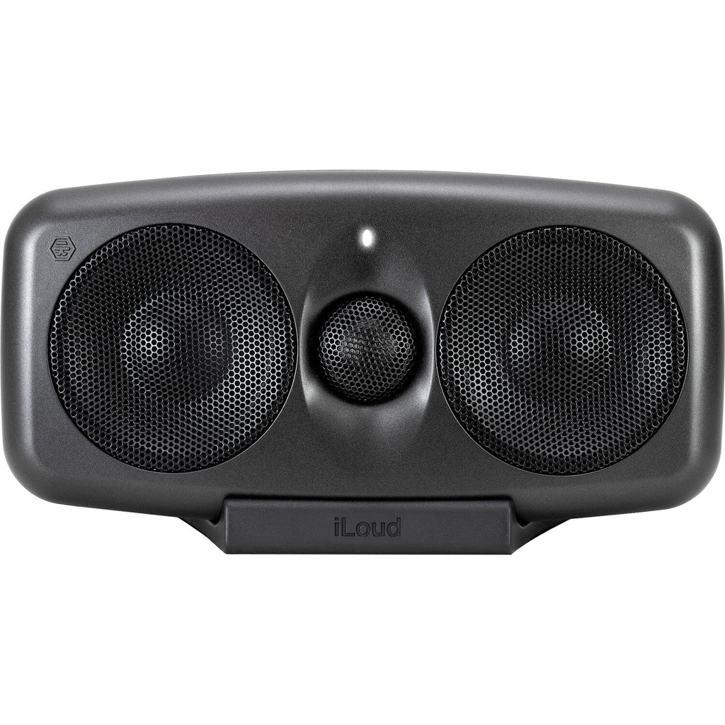 IK Multimedia iLoud MTM MK2 active nearfield monitors shown with dual speaker units and control panel for professional audio.