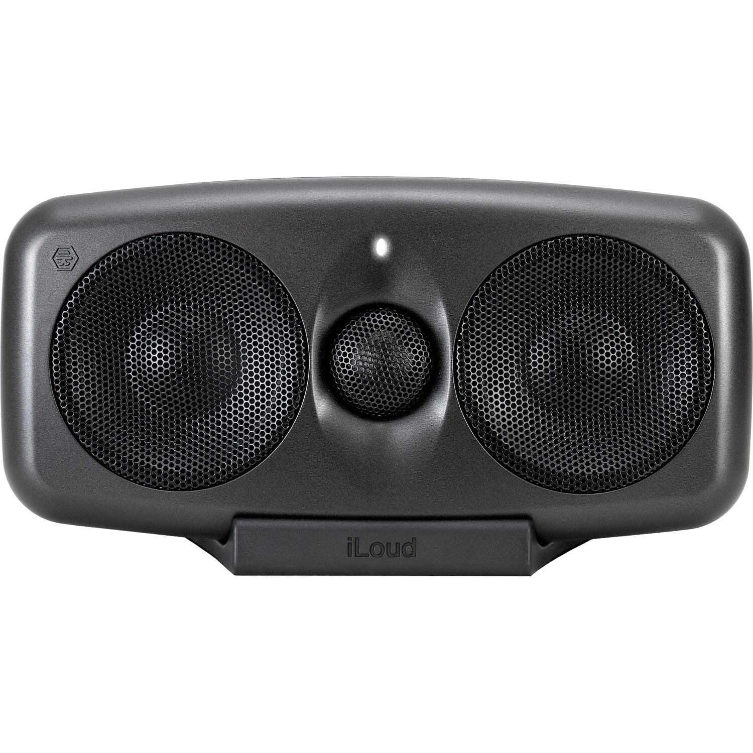 IK Multimedia iLoud MTM MK2 active nearfield monitors shown with dual speaker units and control panel for professional audio.
