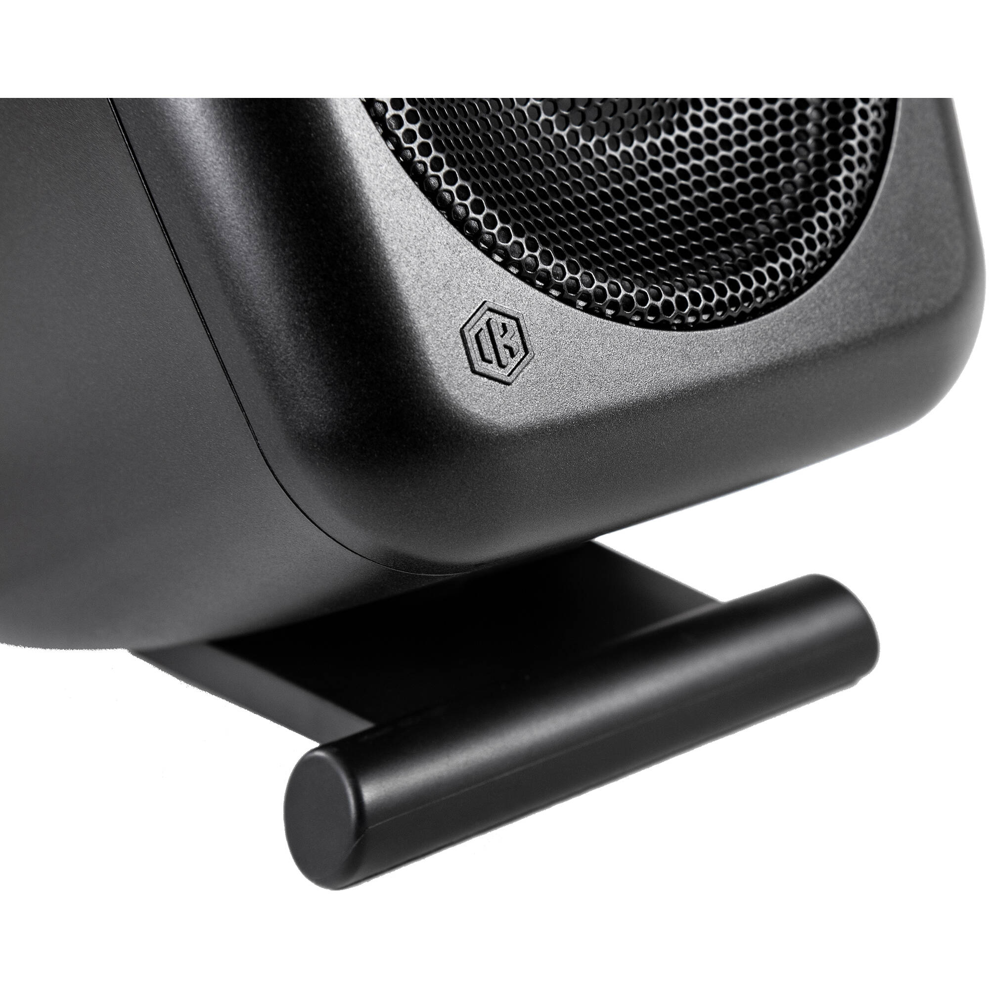 IK Multimedia iLoud MTM MK2 active nearfield monitors with dual speakers and control knobs for professional audio mixing.