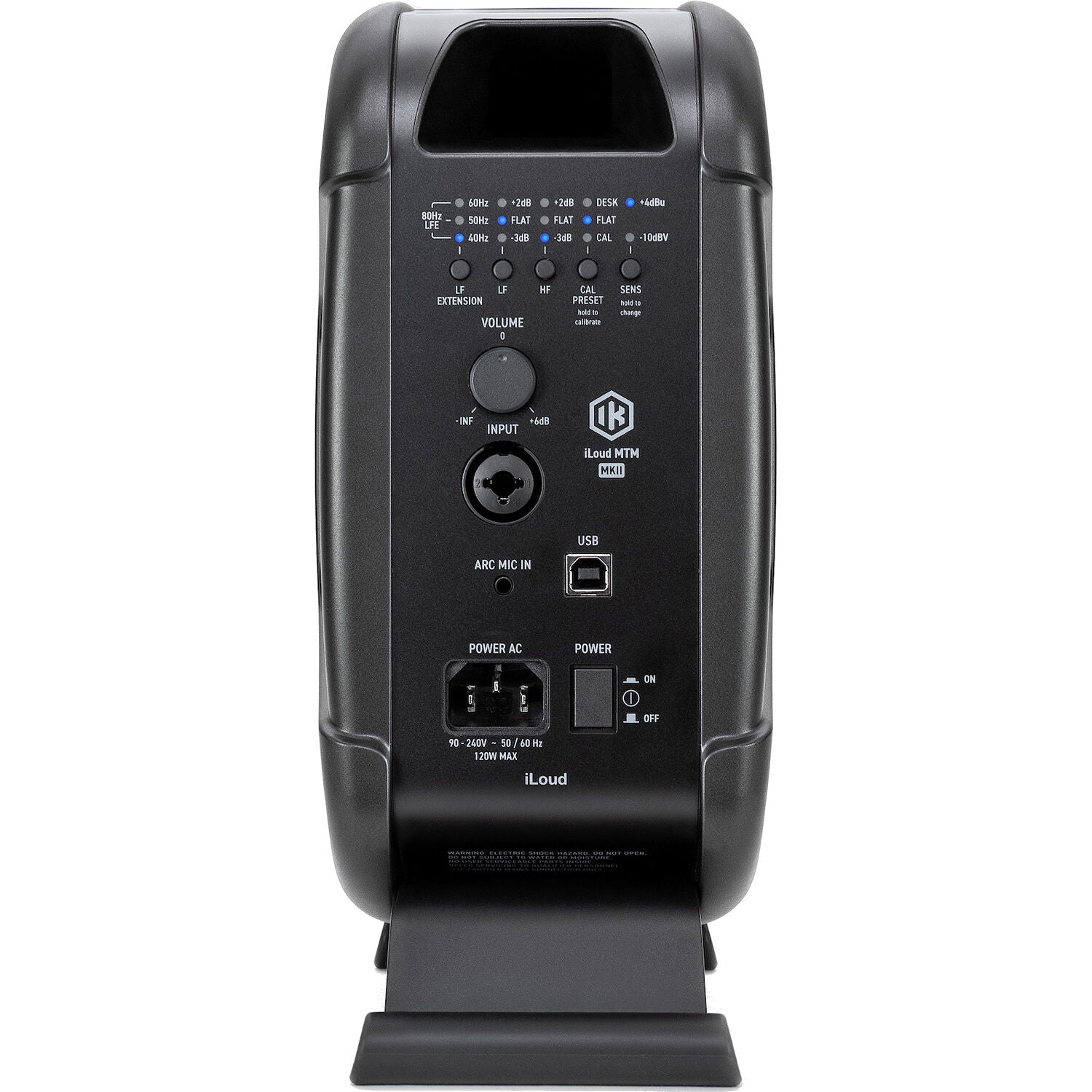 IK Multimedia iLoud MTM MK2 active nearfield monitor speaker showing front view with control buttons and grille.