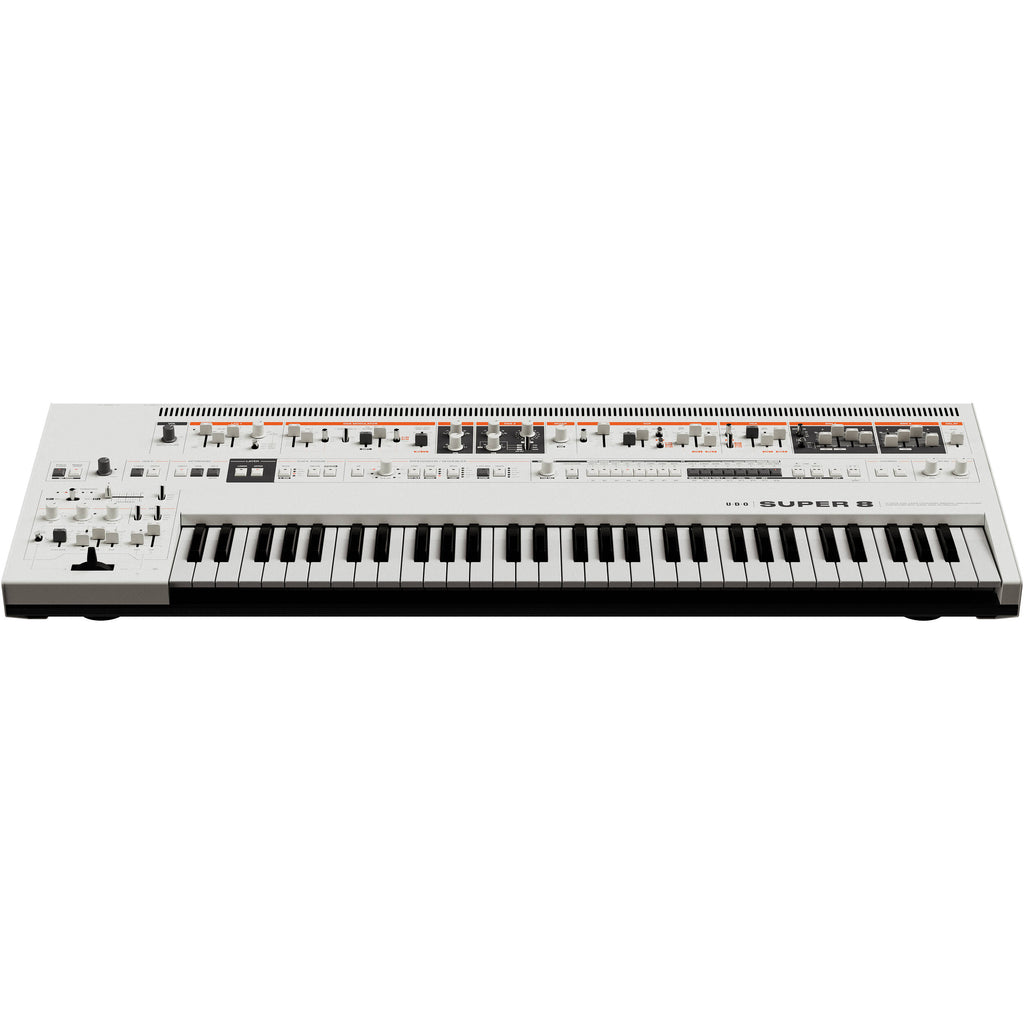UDO Audio Super 8 synthesizer with vintage-style controls and multiple input options, showcasing its front panel and knobs.