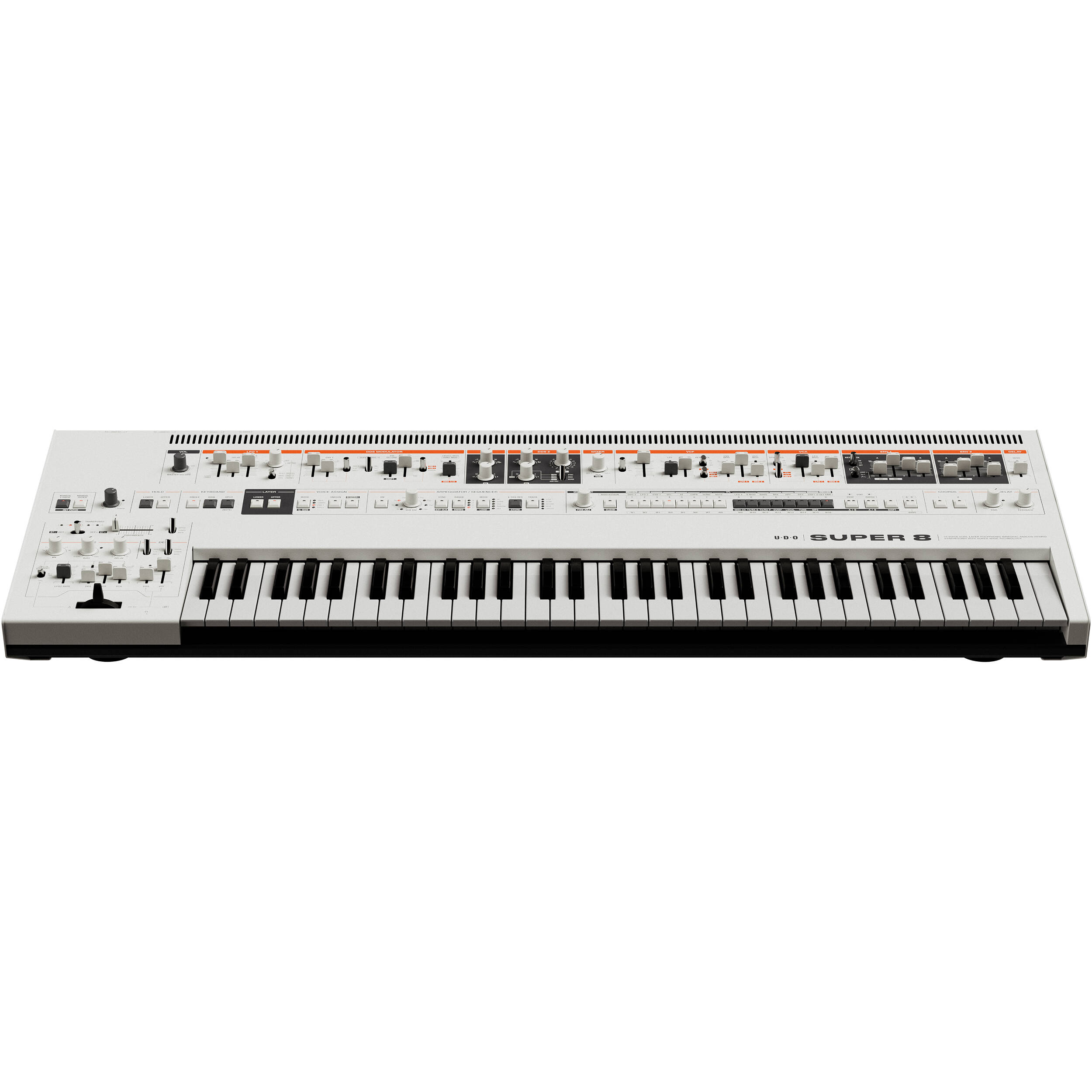 UDO Audio Super 8 synthesizer with vintage-style controls and multiple input options, showcasing its front panel and knobs.