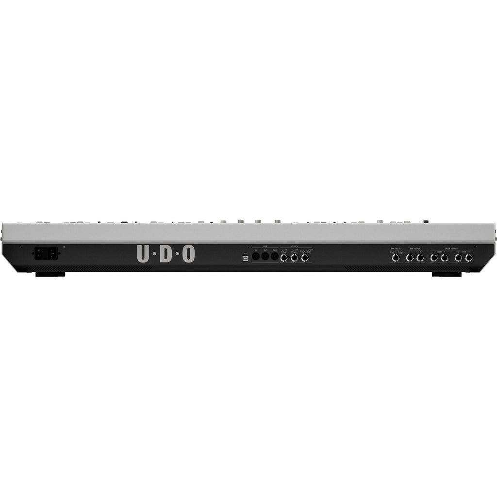 UDO Audio Super 8 synthesizer with vintage-style controls and colorful interface, designed for rich analog sound production.