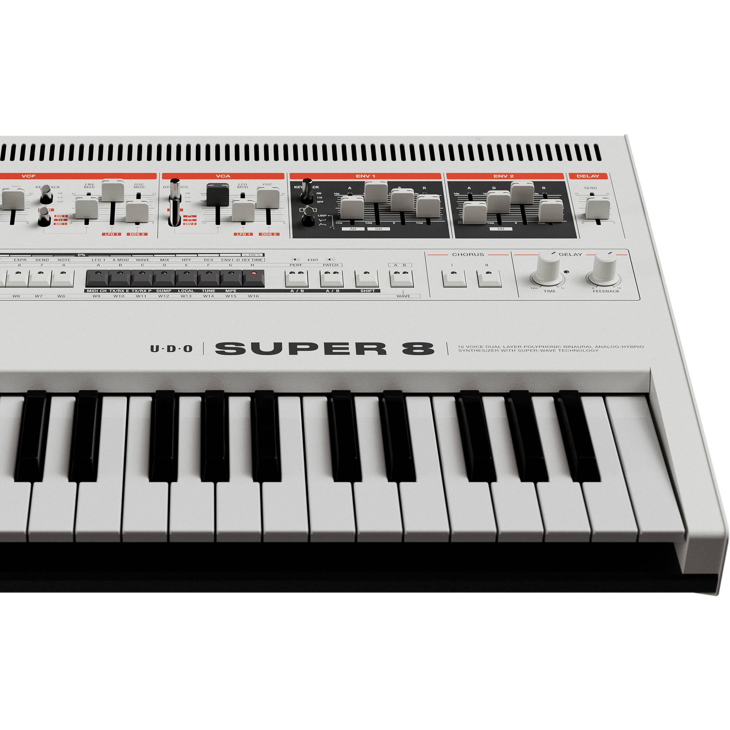 UDO Audio Super 8 synthesizer with multiple control knobs and vintage-style design, showcasing its front panel and keyboard.