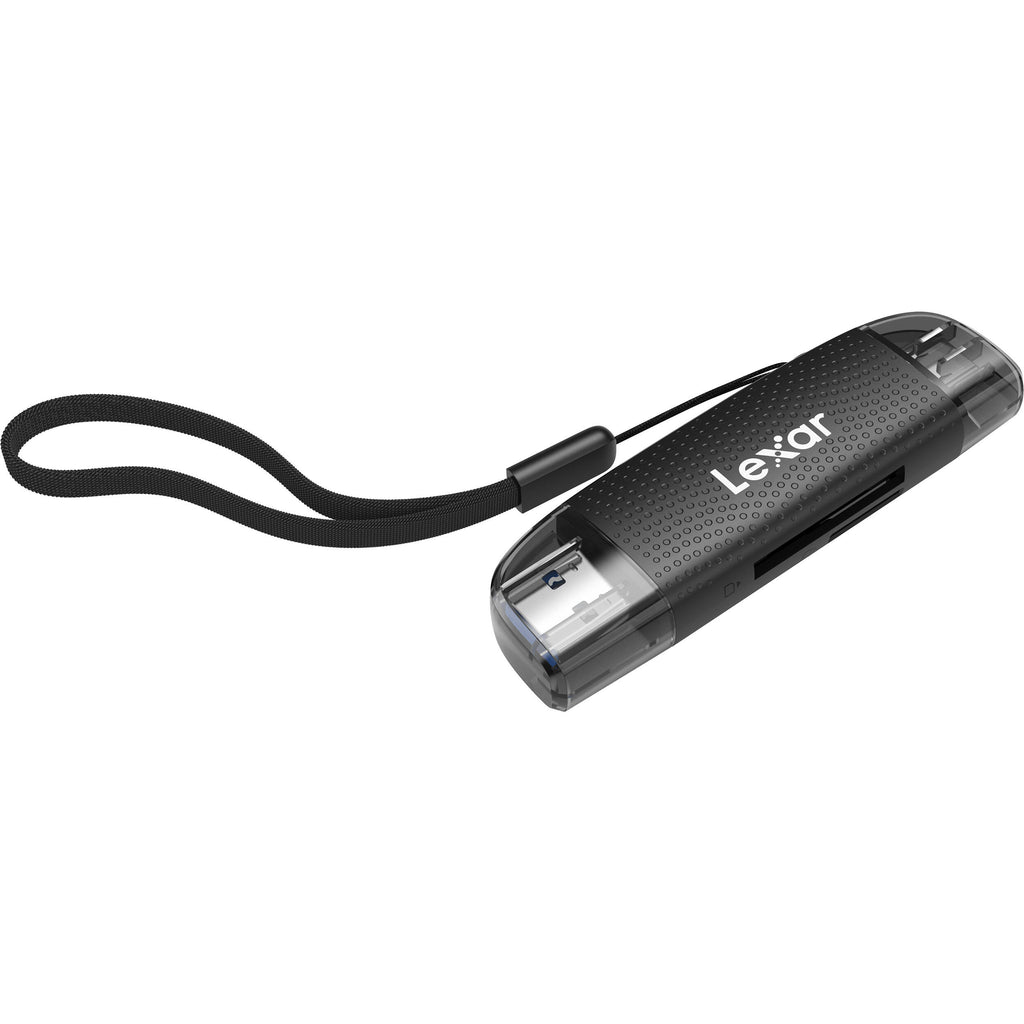Lexar Dual-Slot USB-A/C Card Reader for SD and microSD cards, black and compact design, connected to a computer.