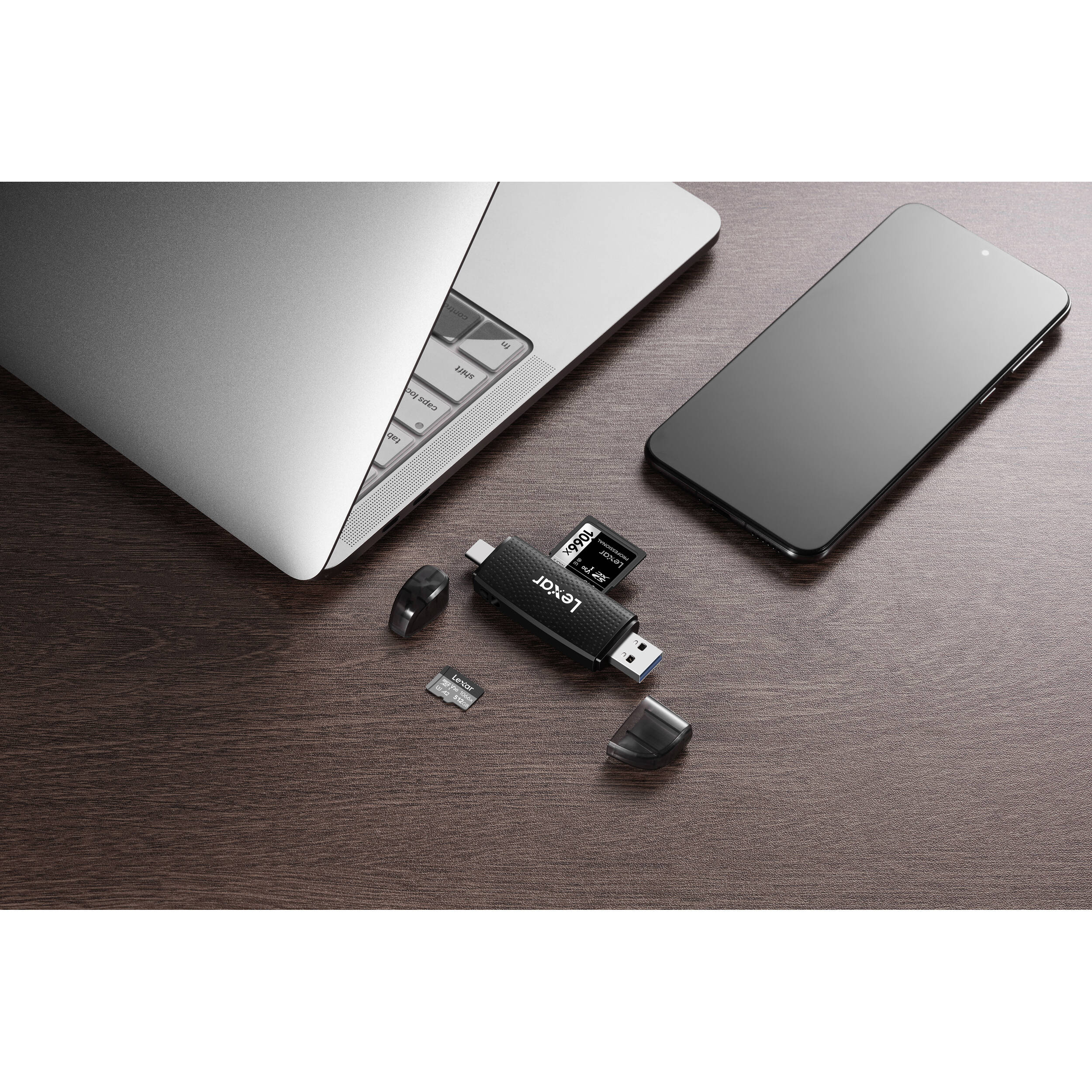 Lexar Dual-Slot USB-A/C Card Reader LRW310X displaying two memory cards inserted for data transfer.