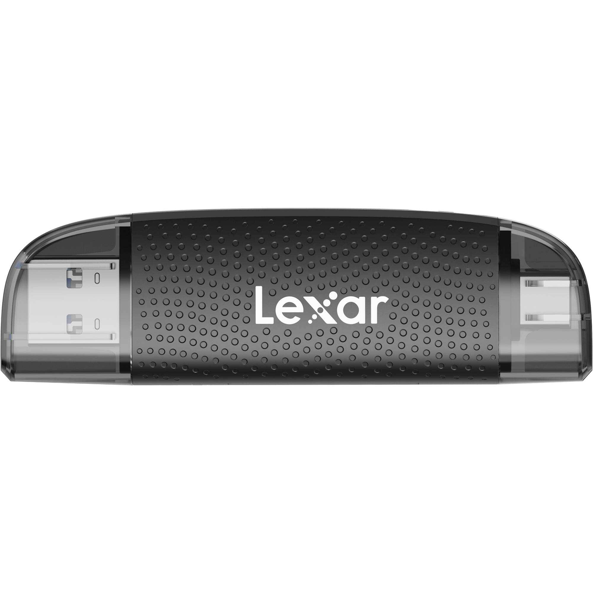 Lexar Dual-Slot USB-A/C Card Reader LRW310X with slots for SD and microSD cards on a white background.