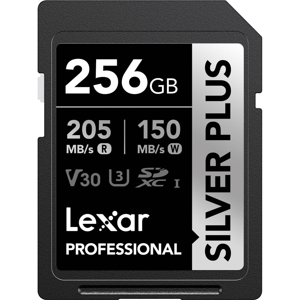 Lexar SDXC Silver Plus 1066X UHS-I U3 memory card with V30 rating, featuring silver design and high-speed storage for cameras and devices.