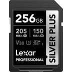 Lexar SDXC Silver Plus 1066X UHS-I U3 memory card with V30 rating, featuring silver design and high-speed storage for cameras and devices.