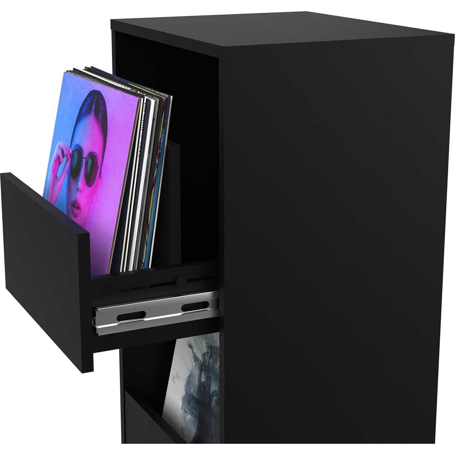 Glorious Vinyl Vault DJ table with sleek black finish, sturdy construction, and spacious surface for turntables and DJ equipment.