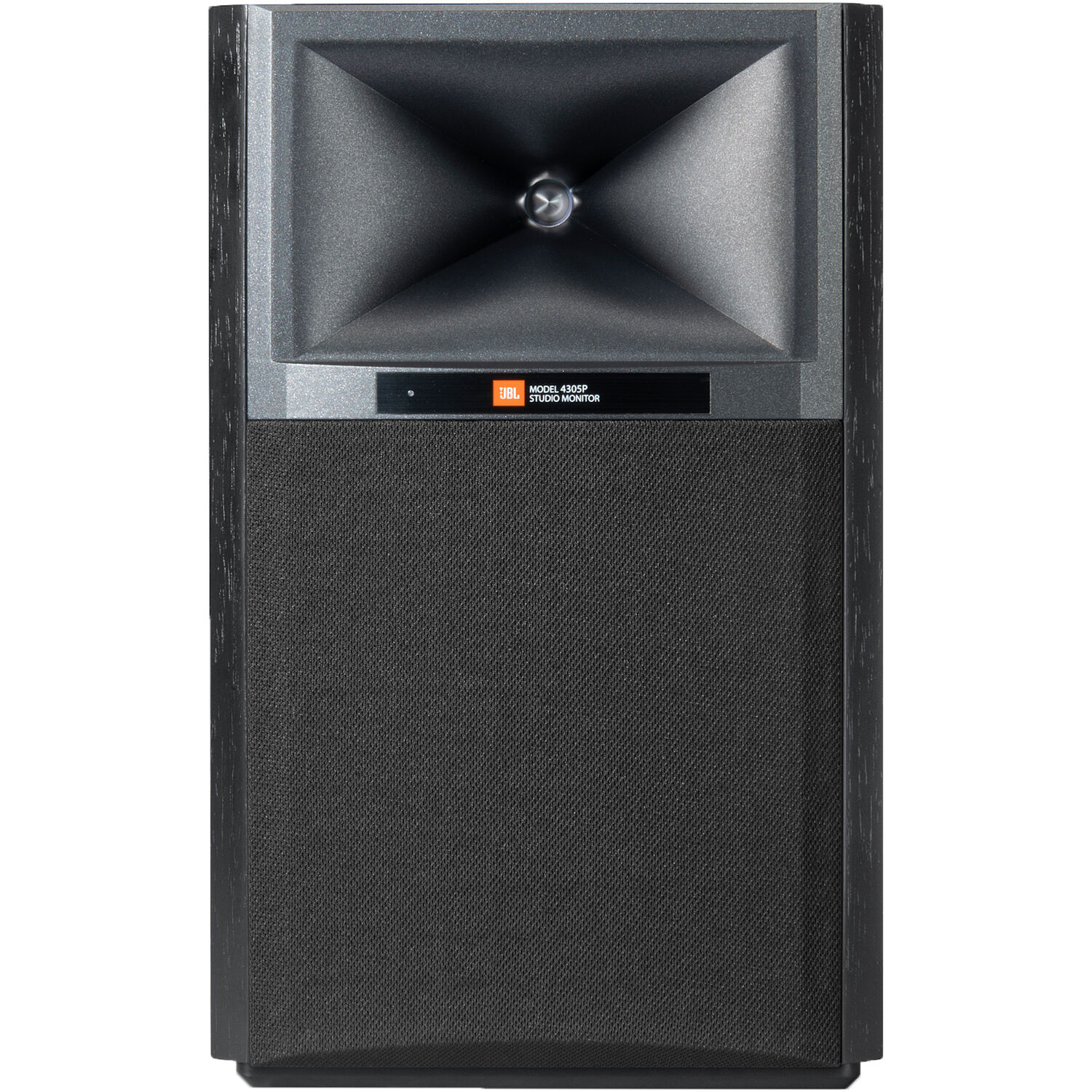 JBL 4305P active bookshelf speakers with sleek black cabinets and front-facing drivers for high-quality audio.