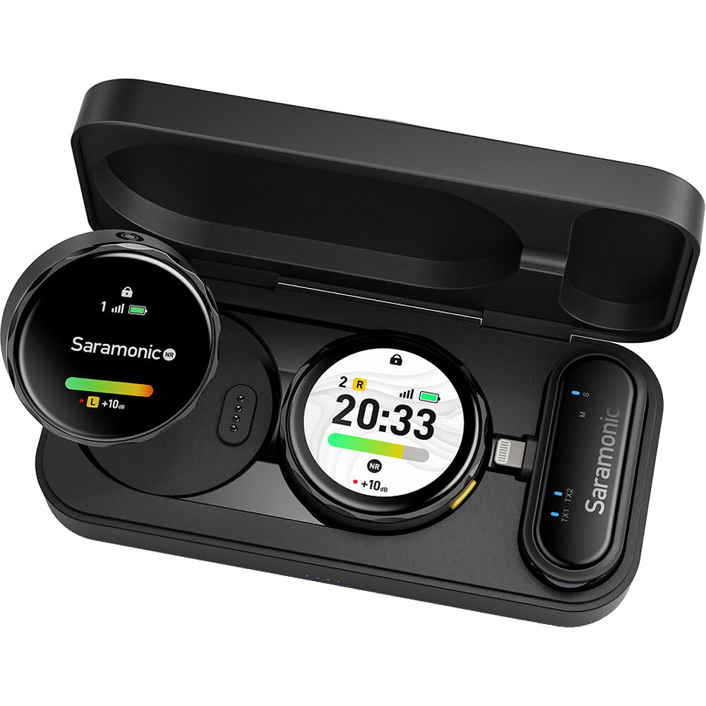 Saramonic BlinkMe U2 creator wireless microphone system with transmitter and receiver units, compact and portable design.