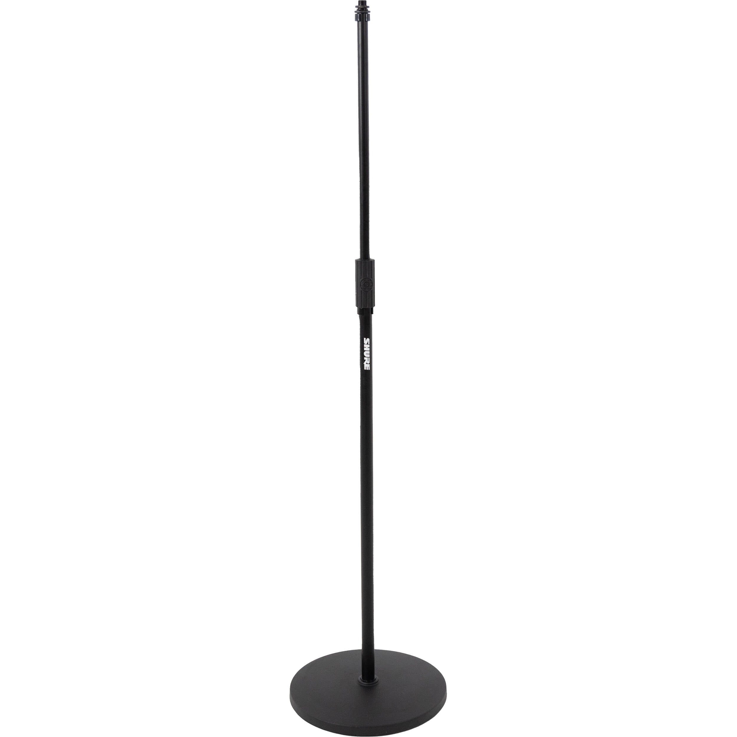 Shure floor microphone stand with adjustable height and black metal construction, designed for professional audio use.