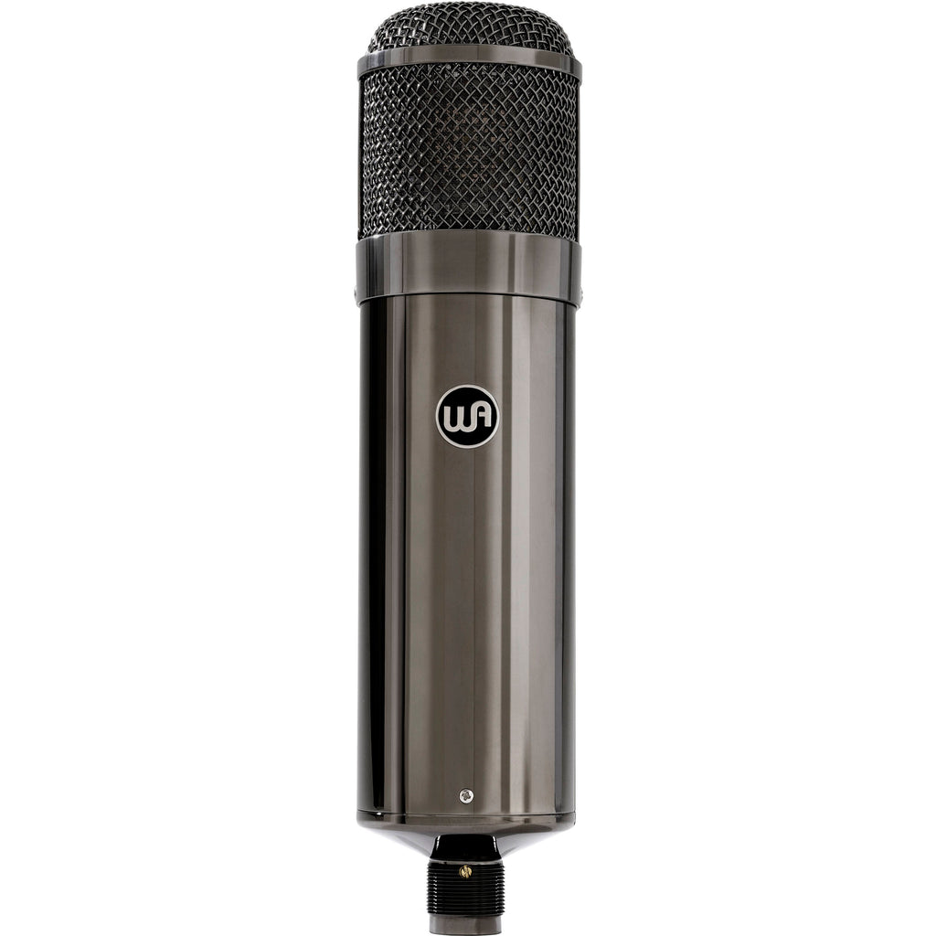 Warm Audio WA-47T condenser microphone with silver finish and vintage-style grille, mounted on a stand against a neutral background.